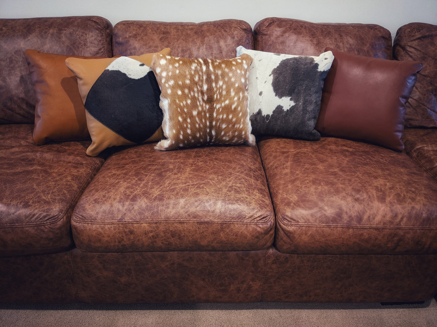 "100%" Genuine Leather Cow Patch Decorative Pillow 18x18