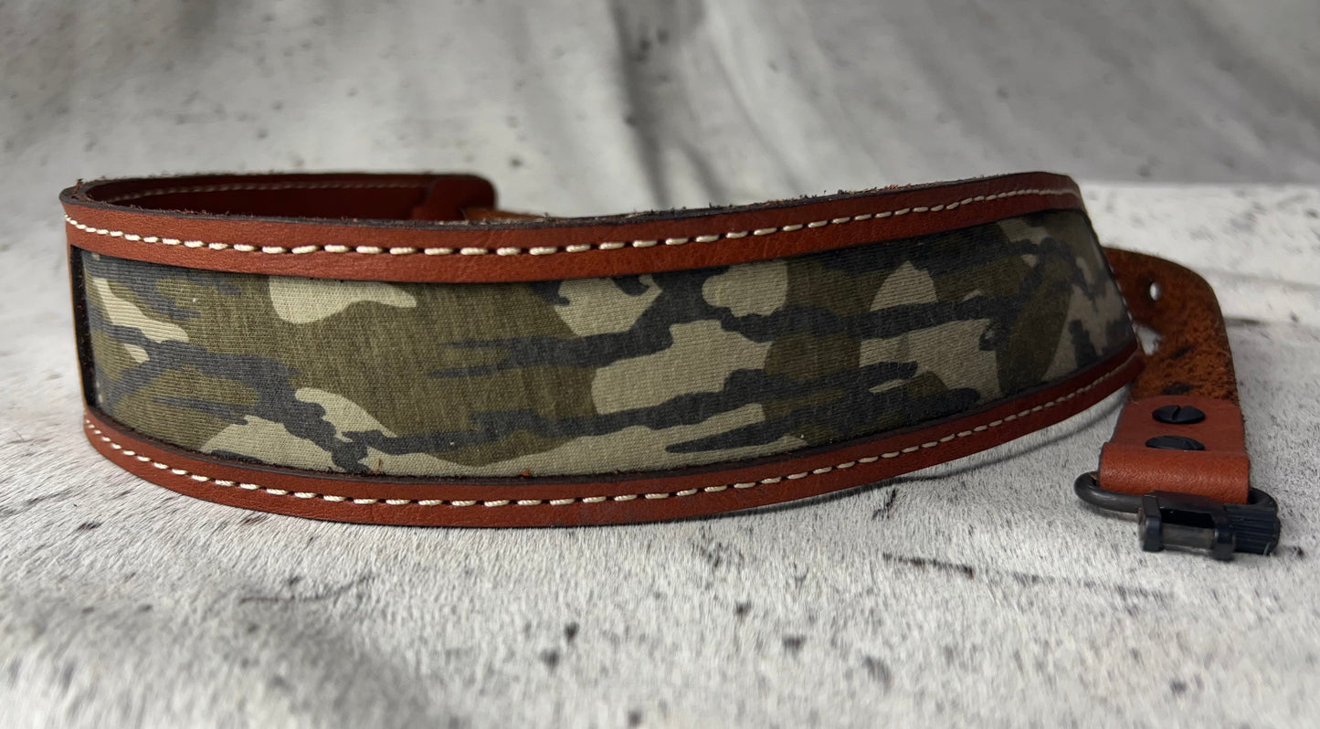 "Adjustable Leather" Gun Sling with Mossy Oak Bottomland Camo Inlay