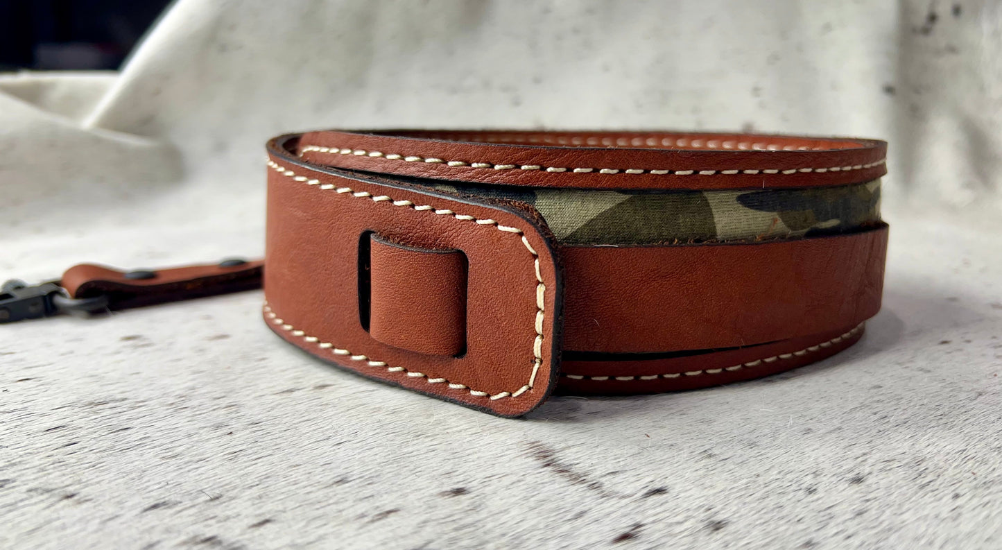 "Adjustable Leather" Gun Sling with Mossy Oak Bottomland Camo Inlay