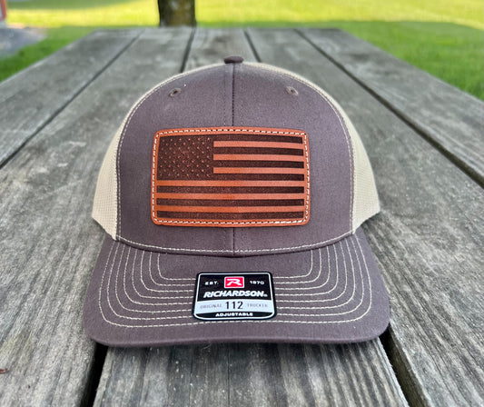 Unisex American Flag Leather Patch Richardson 112 Trucker Hat