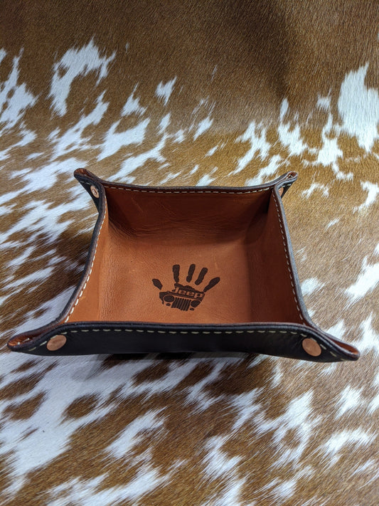 Handcrafted Jeep Wave Engraved Large Leather Catch All